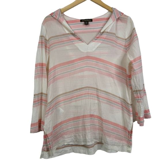 Tommy Bahama Tops - Tommy Bahama Pink Stripe Hooded V-Neck Tunic